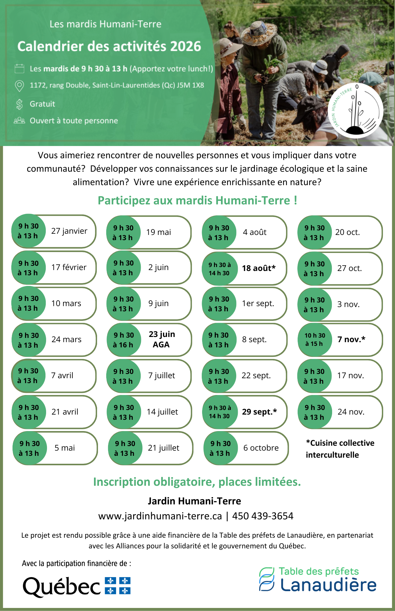 Calendrier Mardis Humani Terre 2026